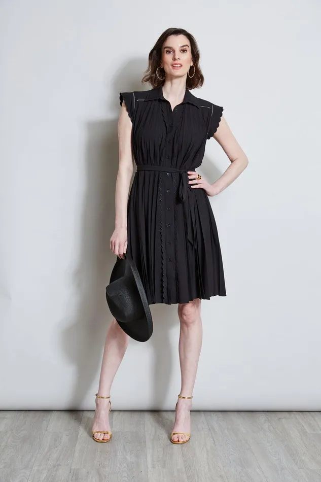 Elie Tahari Pleated Scallop Dress Noir Women Dresses and Jumpsuits