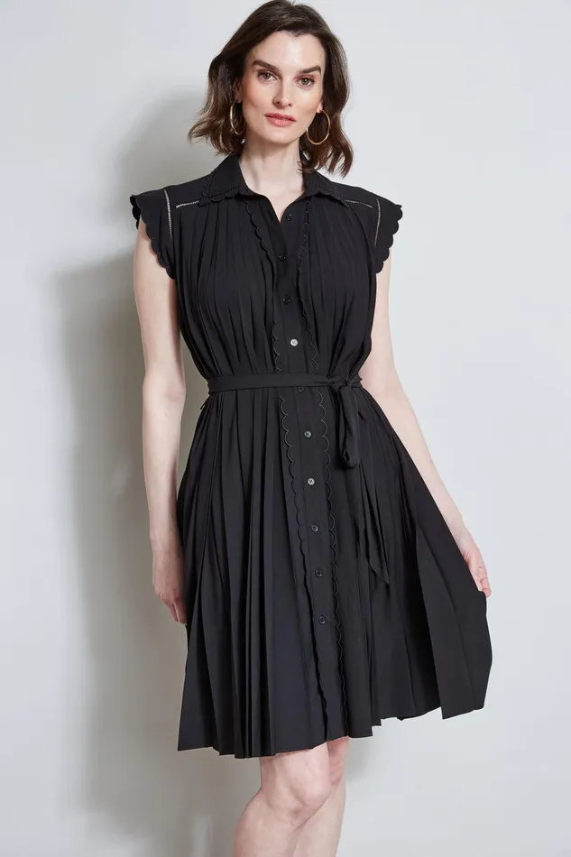 Elie Tahari Pleated Scallop Dress Noir Women Dresses and Jumpsuits