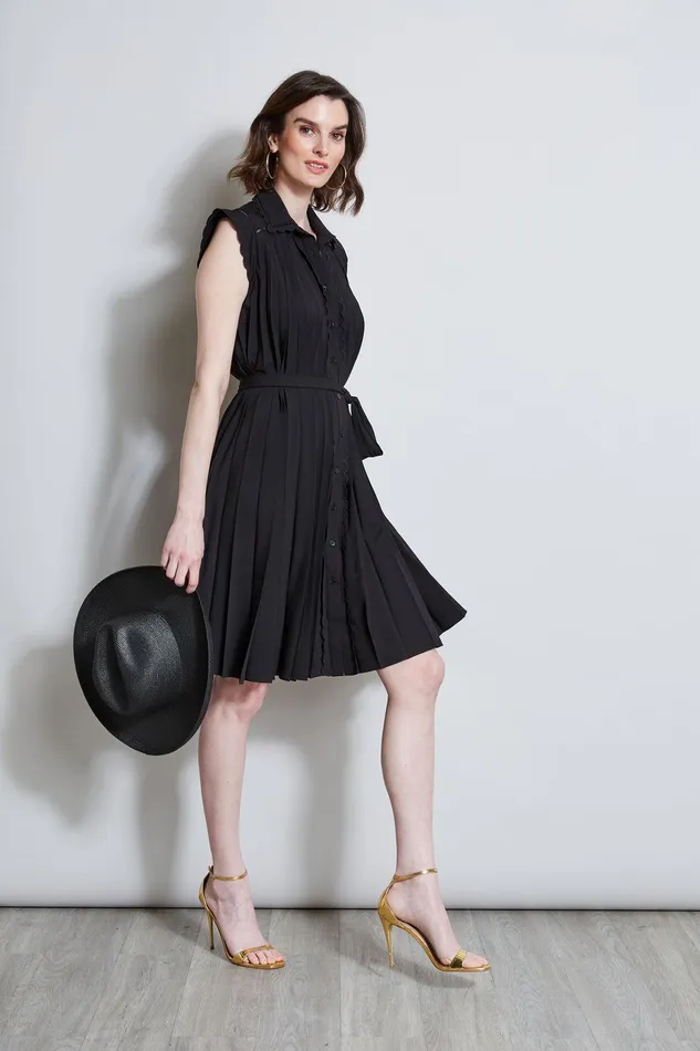 Elie Tahari Pleated Scallop Dress Noir Women Dresses and Jumpsuits