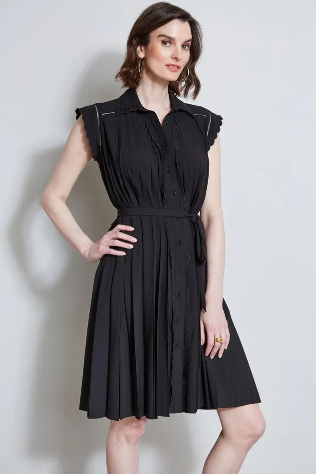 Elie Tahari Pleated Scallop Dress Noir Women Dresses and Jumpsuits