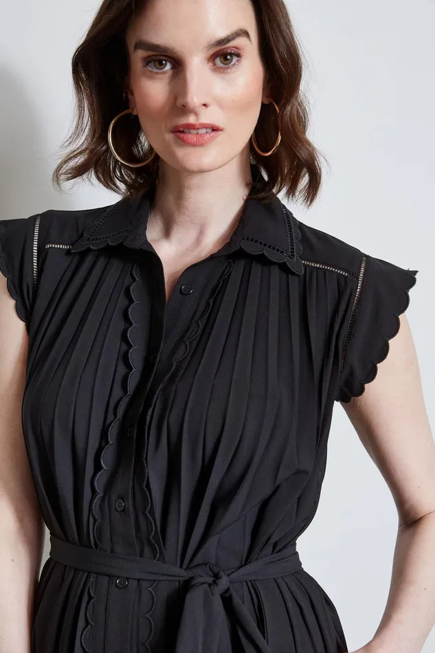 Elie Tahari Pleated Scallop Dress Noir Women Dresses and Jumpsuits