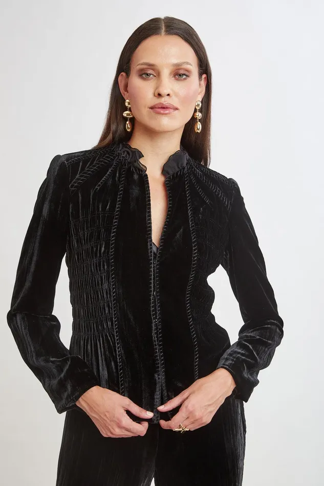 Elie Tahari Plisse Velvet Embroidered Jacket Black Women Suiting