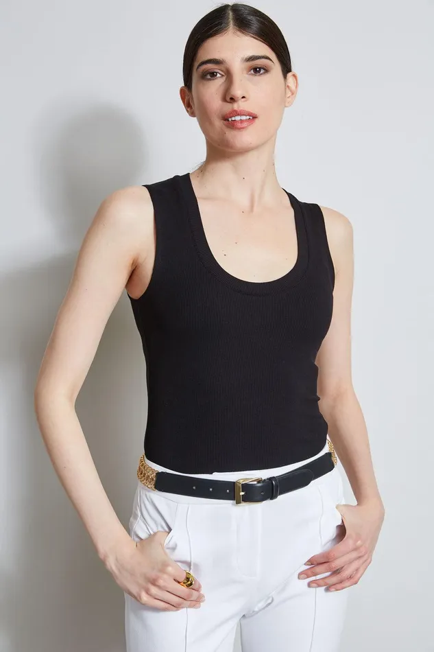 Elie Tahari Rib Knit Scoop Tank Top Black Women Tops