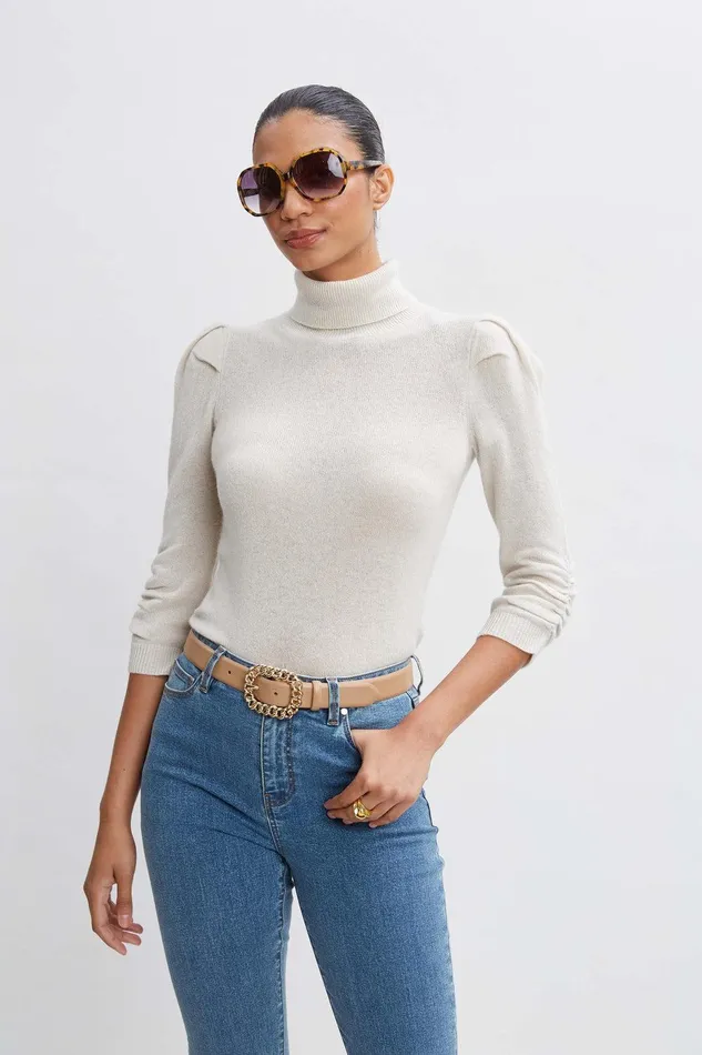 Elie Tahari Ruched Sleeve Cashmere Wool Sweater Buff Melange Women Tops