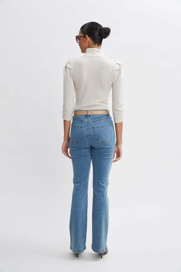 Elie Tahari Ruched Sleeve Cashmere Wool Sweater Buff Melange Women Tops