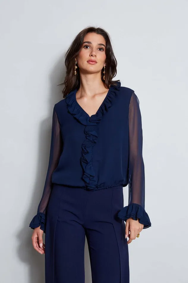 Elie Tahari Ruffle Silk Shirt Galaxy Navy Women Tops