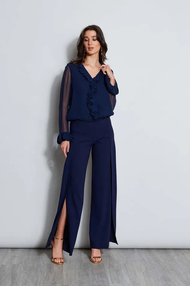 Elie Tahari Ruffle Silk Shirt Galaxy Navy Women Tops