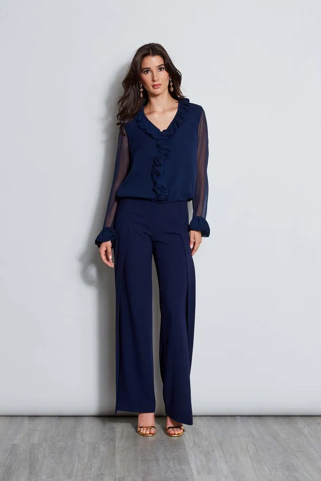 Elie Tahari Ruffle Silk Shirt Galaxy Navy Women Tops