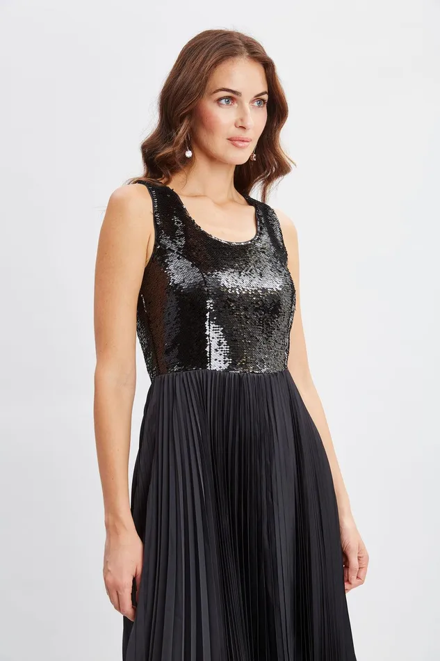 Elie Tahari Sequin Bodice Pleated Dress Noir Women Dresses and Jumpsuits