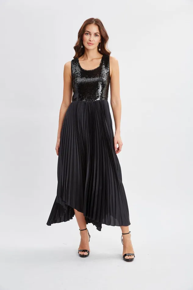 Elie Tahari Sequin Bodice Pleated Dress Noir Women Dresses and Jumpsuits