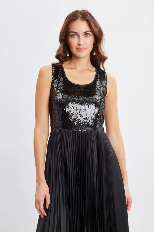 Elie Tahari Sequin Bodice Pleated Dress Noir Women Dresses and Jumpsuits