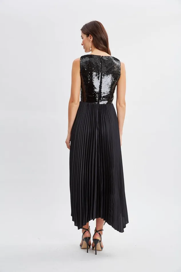 Elie Tahari Sequin Bodice Pleated Dress Noir Women Dresses and Jumpsuits