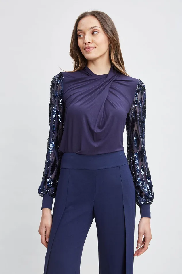 Elie Tahari Sequin Sleeve Twist Neck Knit Stargazer Women Tops