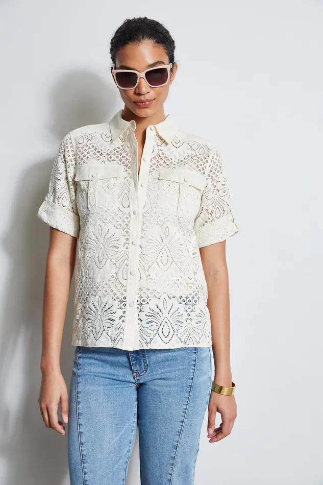 Elie Tahari Short Sleeve Lace Utility Shirt Sand Women Tops