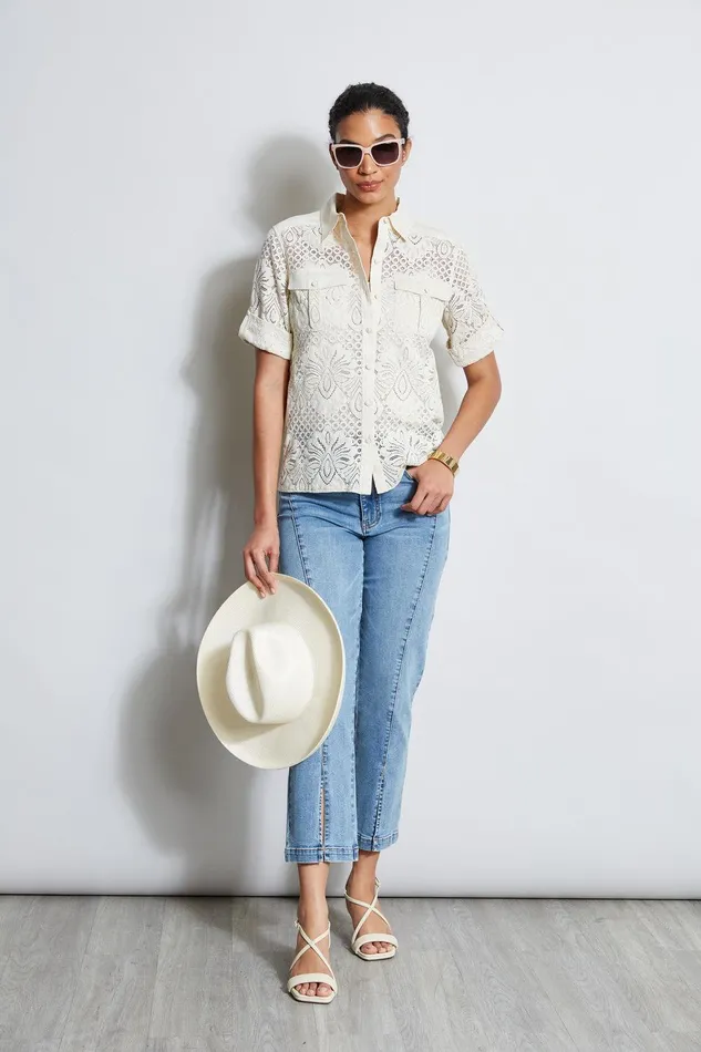 Elie Tahari Short Sleeve Lace Utility Shirt Sand Women Tops