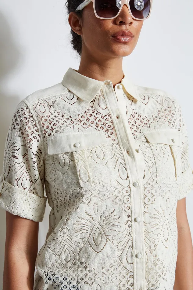 Elie Tahari Short Sleeve Lace Utility Shirt Sand Women Tops