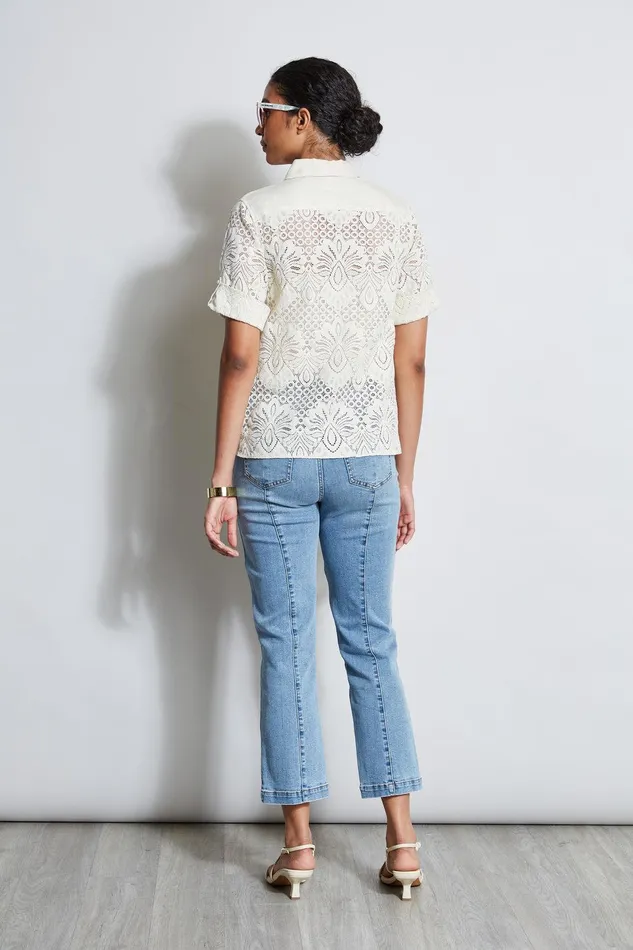 Elie Tahari Short Sleeve Lace Utility Shirt Sand Women Tops