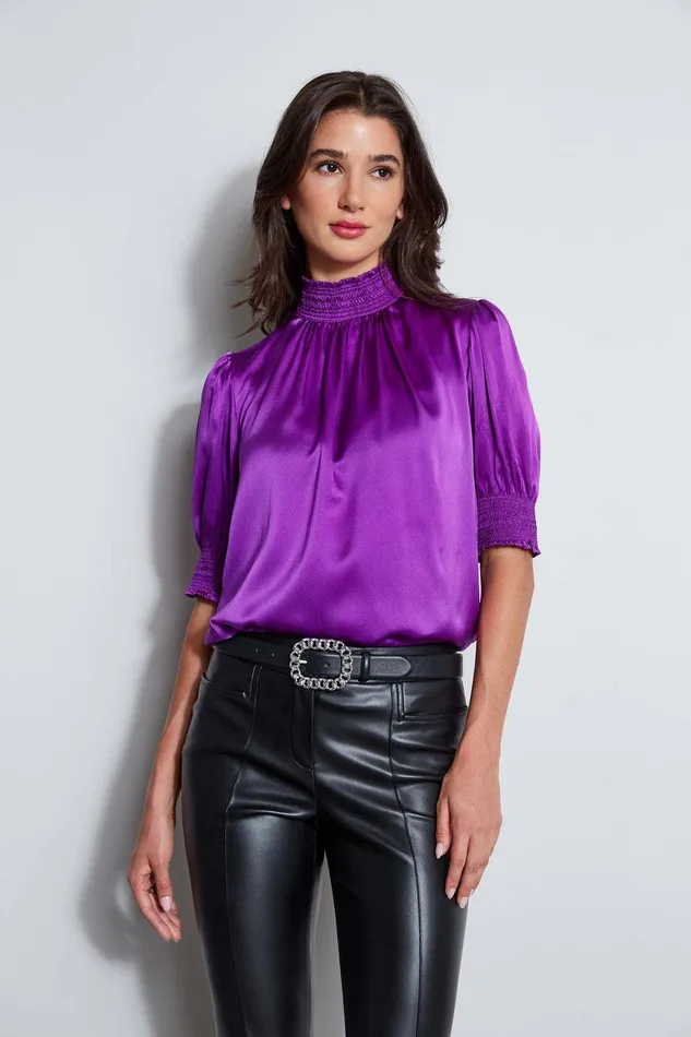 Elie Tahari Short Sleeve Silk Satin Smocked Shirt Berry Women Suiting