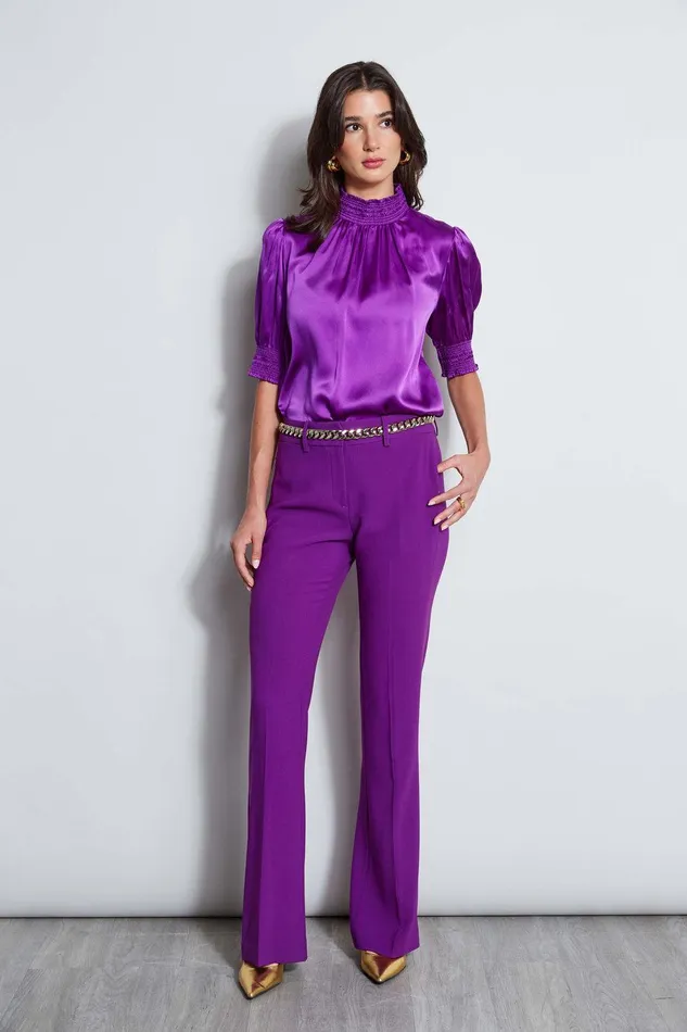 Elie Tahari Short Sleeve Silk Satin Smocked Shirt Berry Women Suiting