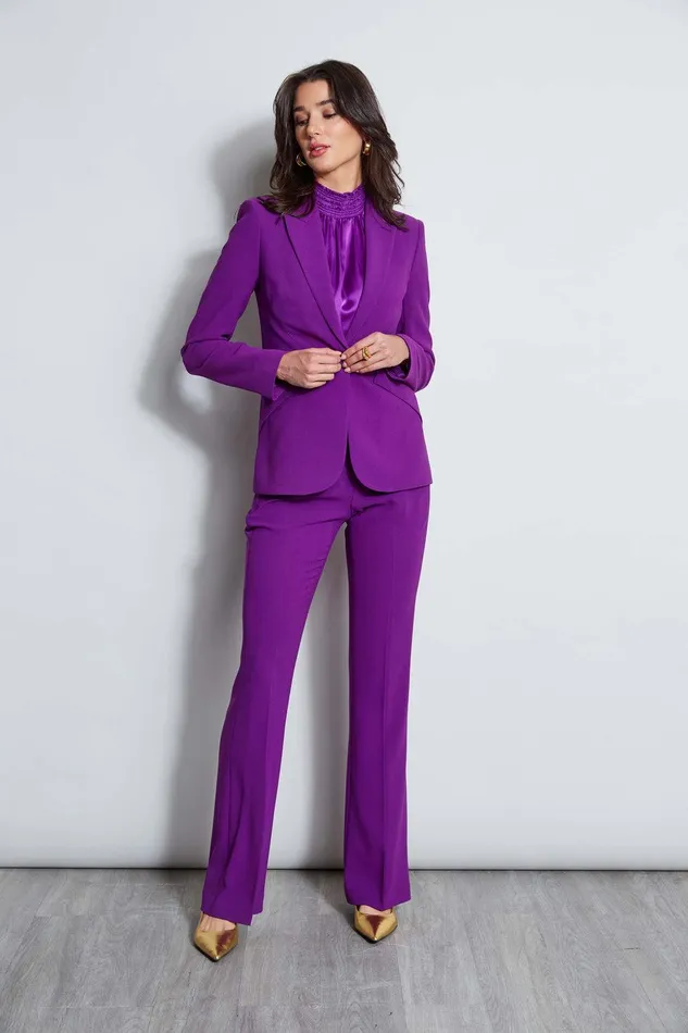Elie Tahari Short Sleeve Silk Satin Smocked Shirt Berry Women Suiting