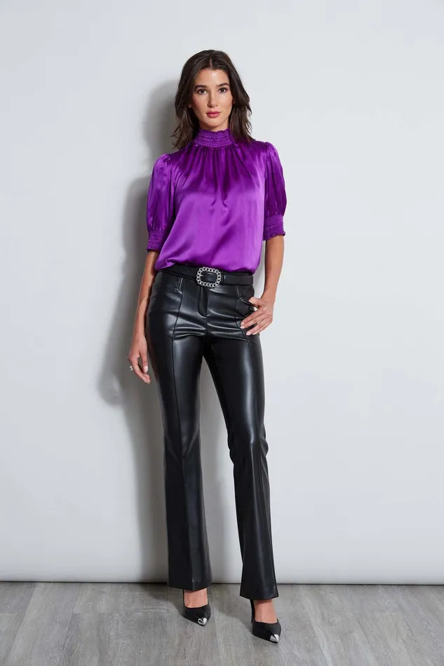 Elie Tahari Short Sleeve Silk Satin Smocked Shirt Berry Women Suiting