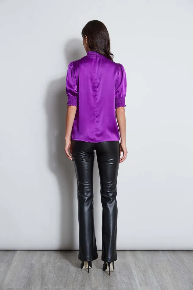 Elie Tahari Short Sleeve Silk Satin Smocked Shirt Berry Women Suiting
