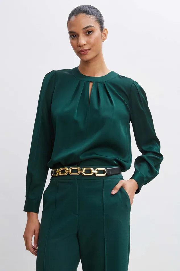 Elie Tahari Silk Keyhole Shirt Juniper Women Tops