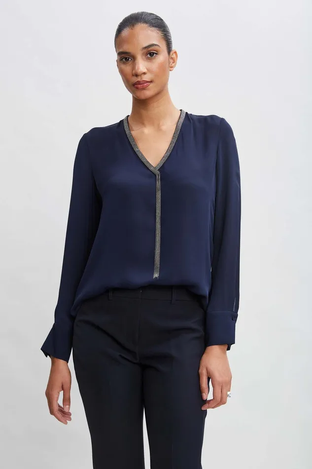 Elie Tahari Silk Long Sleeve Chain Shirt Midnight Women Tops