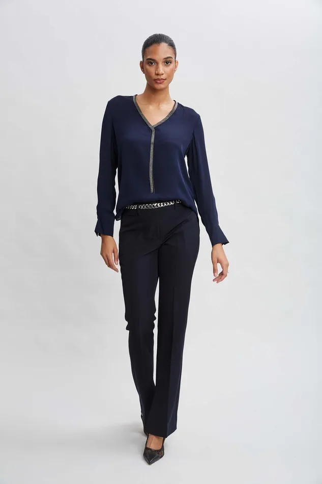 Elie Tahari Silk Long Sleeve Chain Shirt Midnight Women Tops