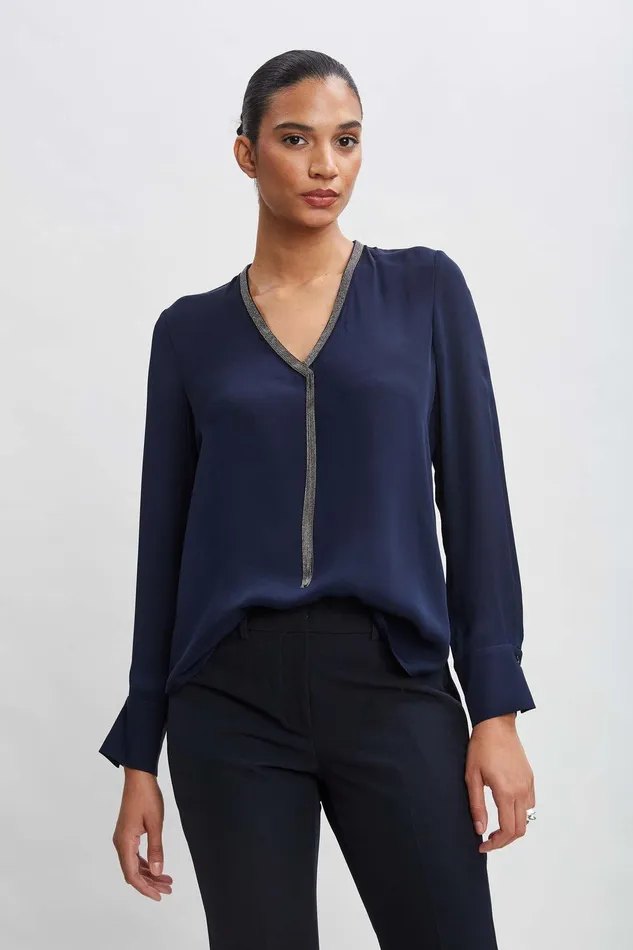 Elie Tahari Silk Long Sleeve Chain Shirt Midnight Women Tops