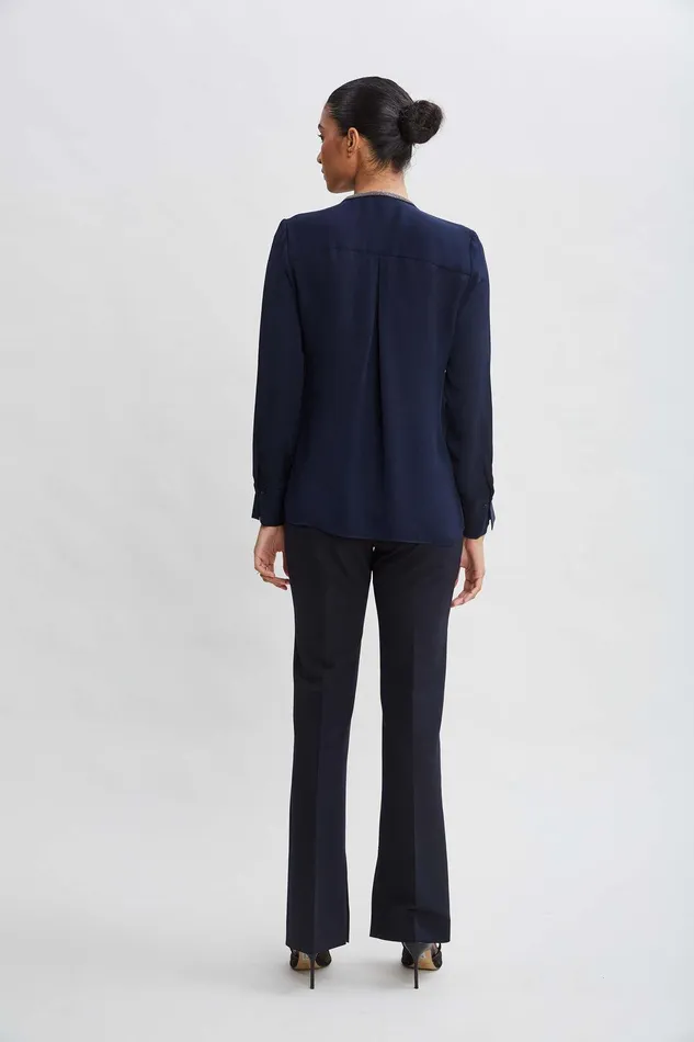 Elie Tahari Silk Long Sleeve Chain Shirt Midnight Women Tops