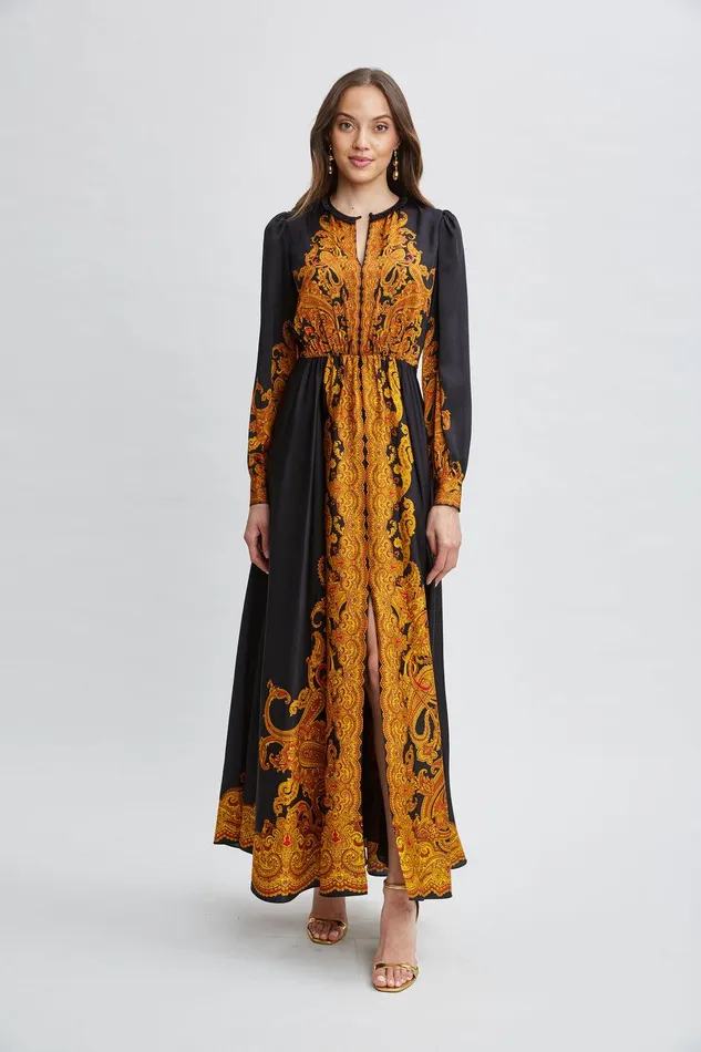 Elie Tahari Silk Paisley Maxi Dress Gilded Dream Print Women Dresses and Jumpsuits Elie Tahari Silk Paisley Maxi Dress Gilded Dream Print Women Dresses and Jumpsuits