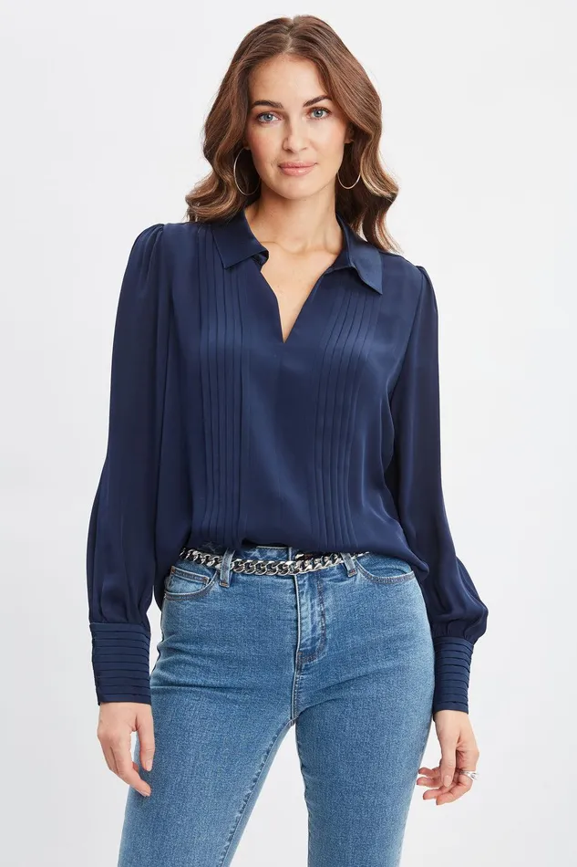 Elie Tahari Silk Pintuck Shirt Midnight Women Tops