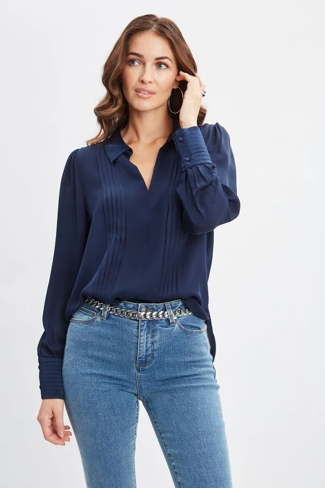Elie Tahari Silk Pintuck Shirt Midnight Women Tops