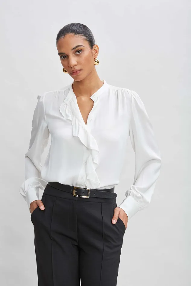 Elie Tahari Silk Ruffle Button Down Shirt Fresh Pearl Women Tops