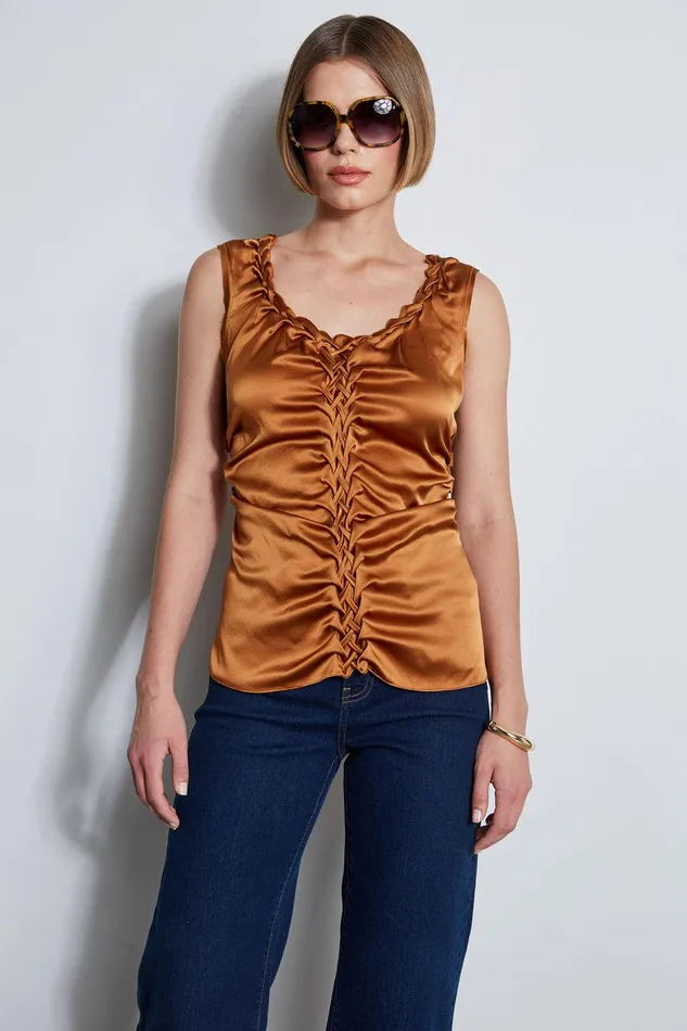 Elie Tahari Silk Satin Braid Ruched Top Copper Women Tops