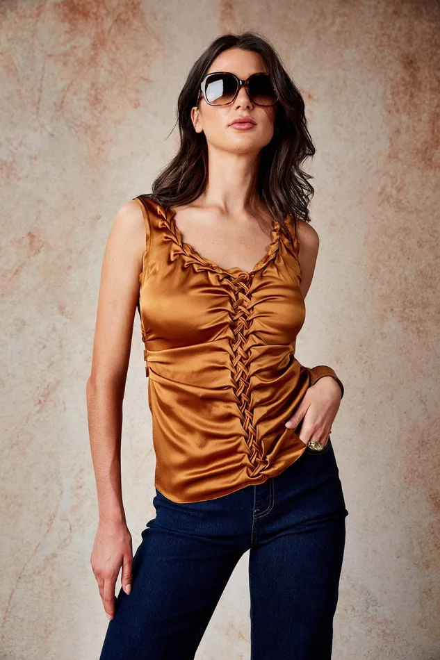 Elie Tahari Silk Satin Braid Ruched Top Copper Women Tops