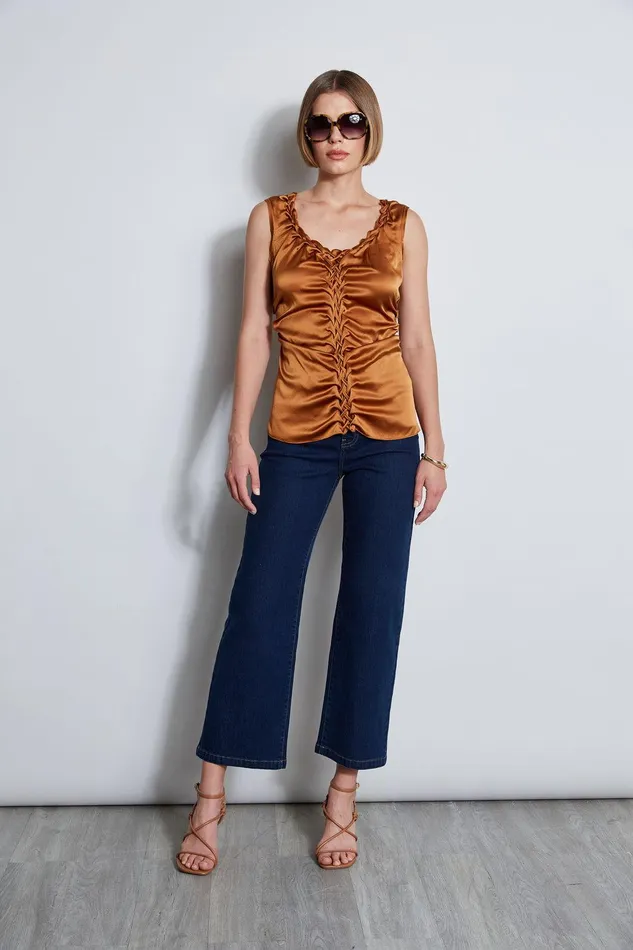 Elie Tahari Silk Satin Braid Ruched Top Copper Women Tops