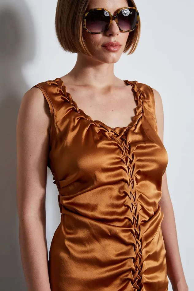 Elie Tahari Silk Satin Braid Ruched Top Copper Women Tops