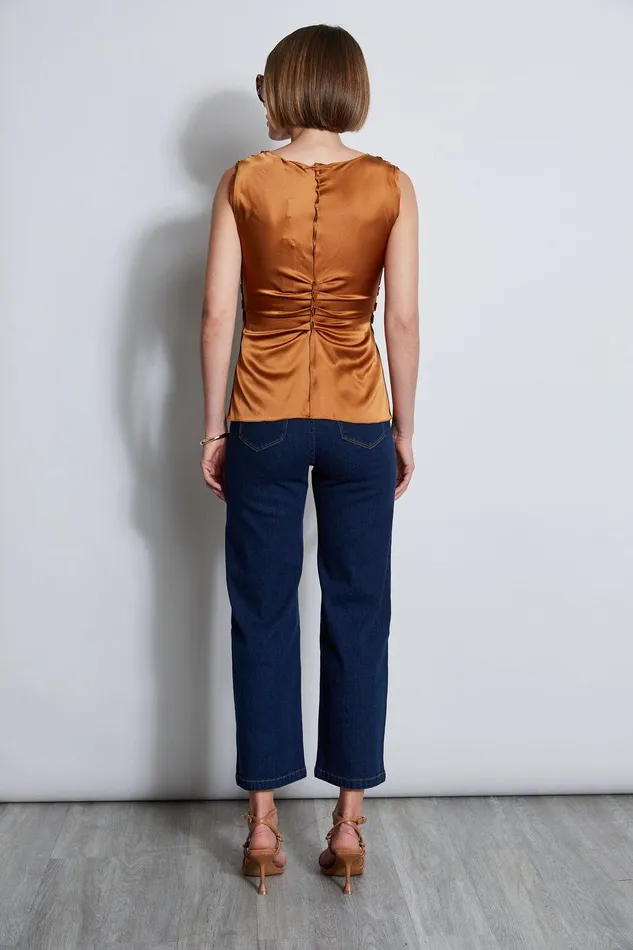 Elie Tahari Silk Satin Braid Ruched Top Copper Women Tops