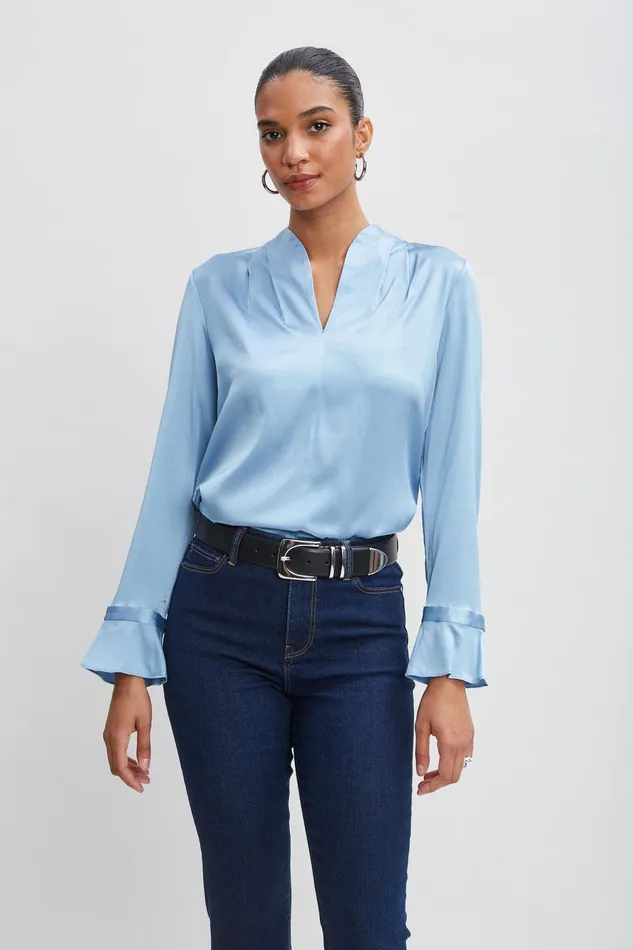 Elie Tahari Silk Satin Contour Neck Ruffle Cuff Shirt Sky Blue Women Tops