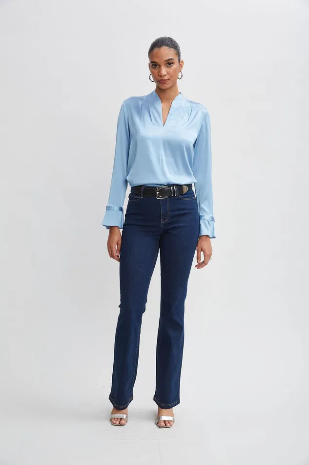 Elie Tahari Silk Satin Contour Neck Ruffle Cuff Shirt Sky Blue Women Tops