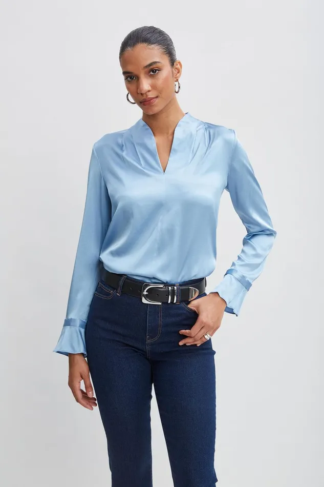 Elie Tahari Silk Satin Contour Neck Ruffle Cuff Shirt Sky Blue Women Tops