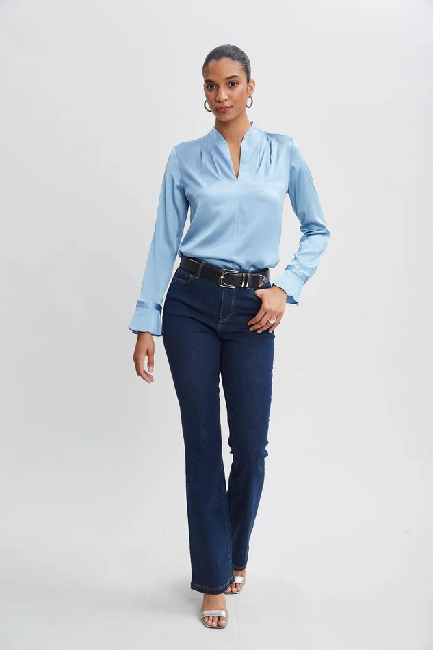 Elie Tahari Silk Satin Contour Neck Ruffle Cuff Shirt Sky Blue Women Tops
