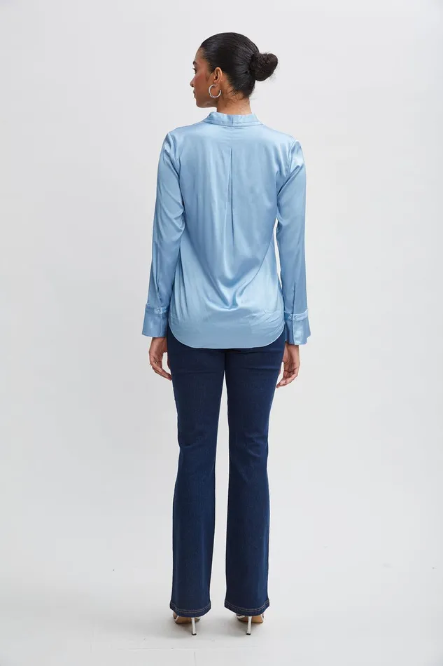 Elie Tahari Silk Satin Contour Neck Ruffle Cuff Shirt Sky Blue Women Tops