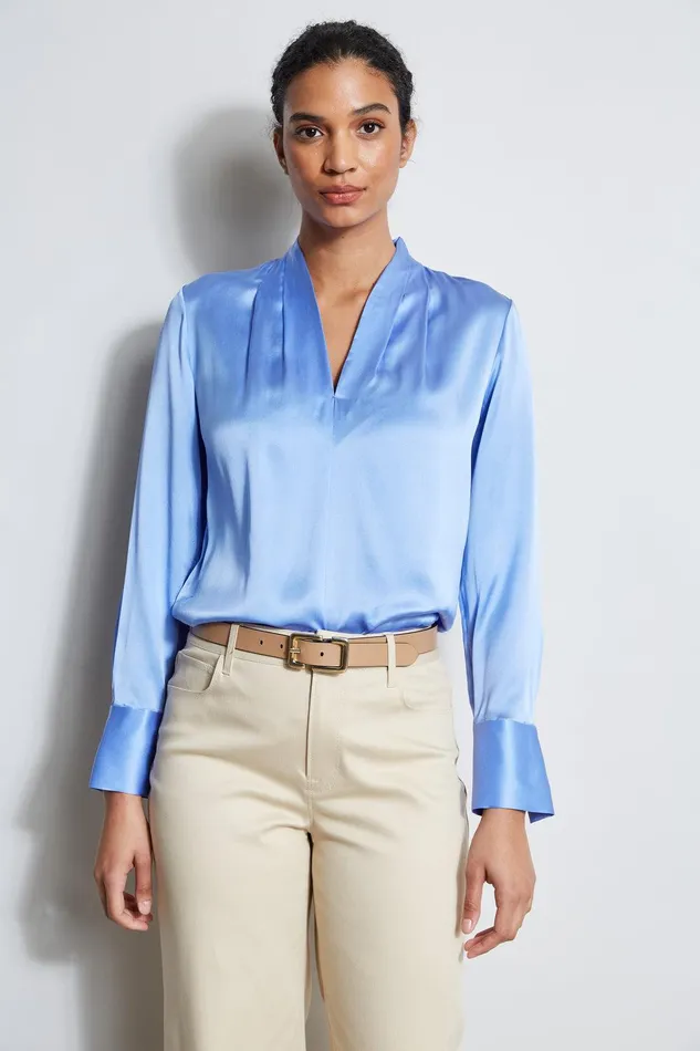 Elie Tahari Silk Satin Contour Neck Shirt Horizon Blue Women Tops