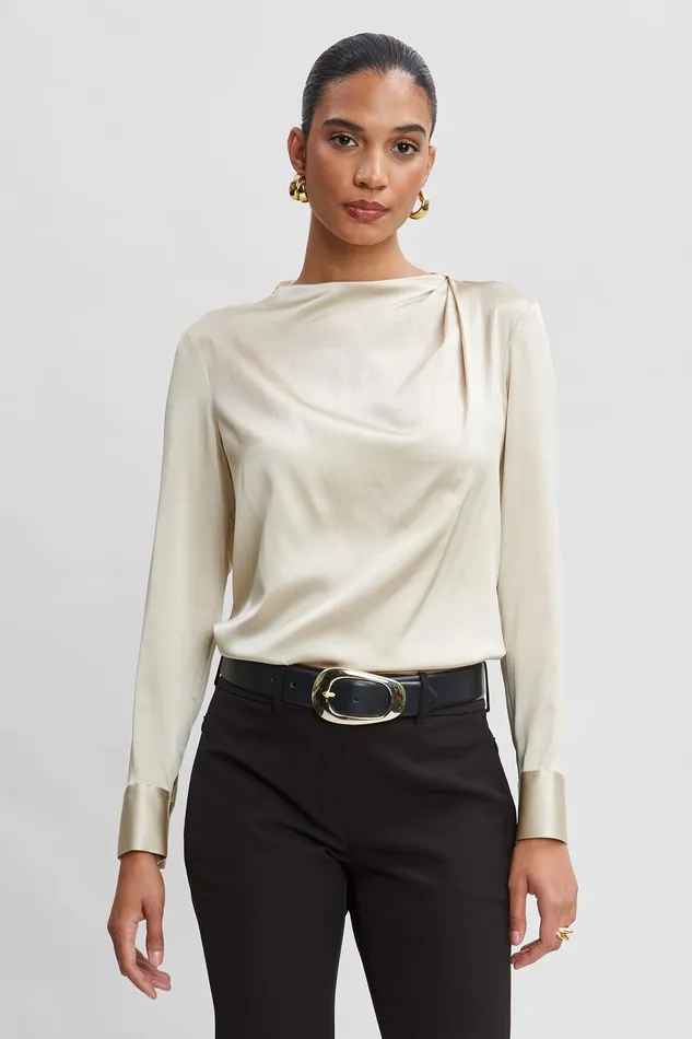 Elie Tahari Silk Satin Draped Neck Shirt Driftwood Women Tops