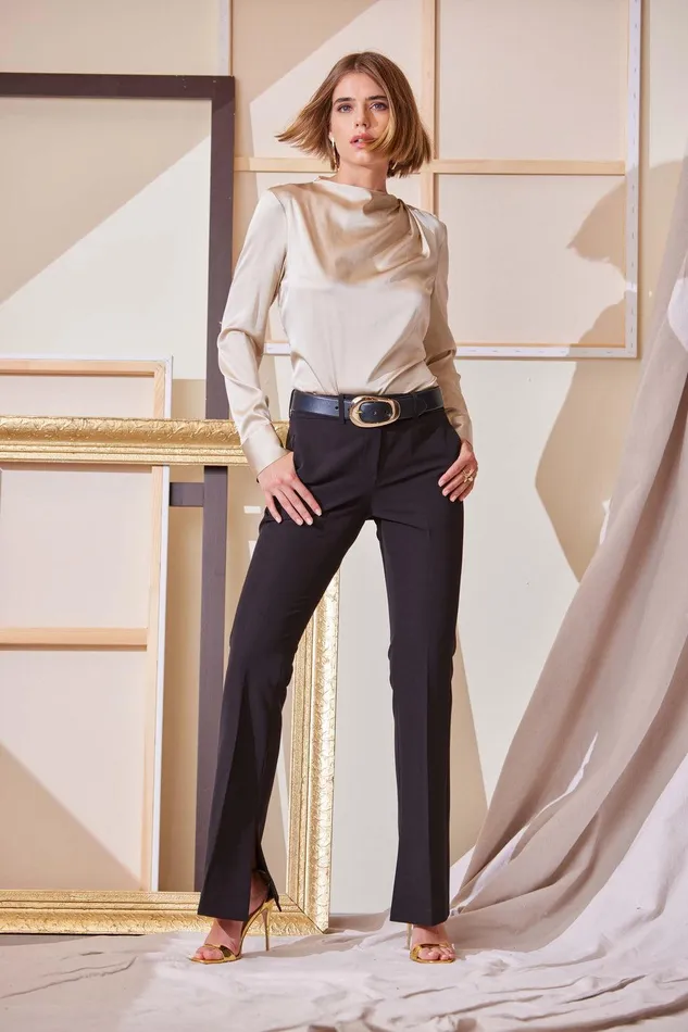 Elie Tahari Silk Satin Draped Neck Shirt Driftwood Women Tops