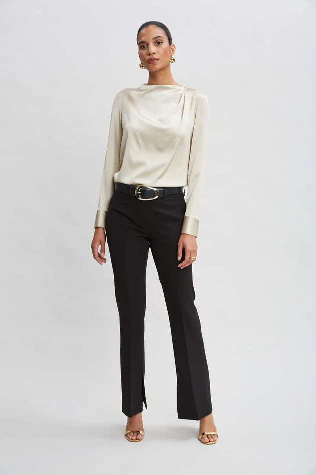 Elie Tahari Silk Satin Draped Neck Shirt Driftwood Women Tops