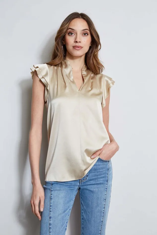 Elie Tahari Silk Satin Flutter Sleeve Shirt Driftwood Women Tops